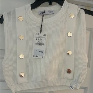 Zara Cream Sleeveless Sweater with Gold Buttons